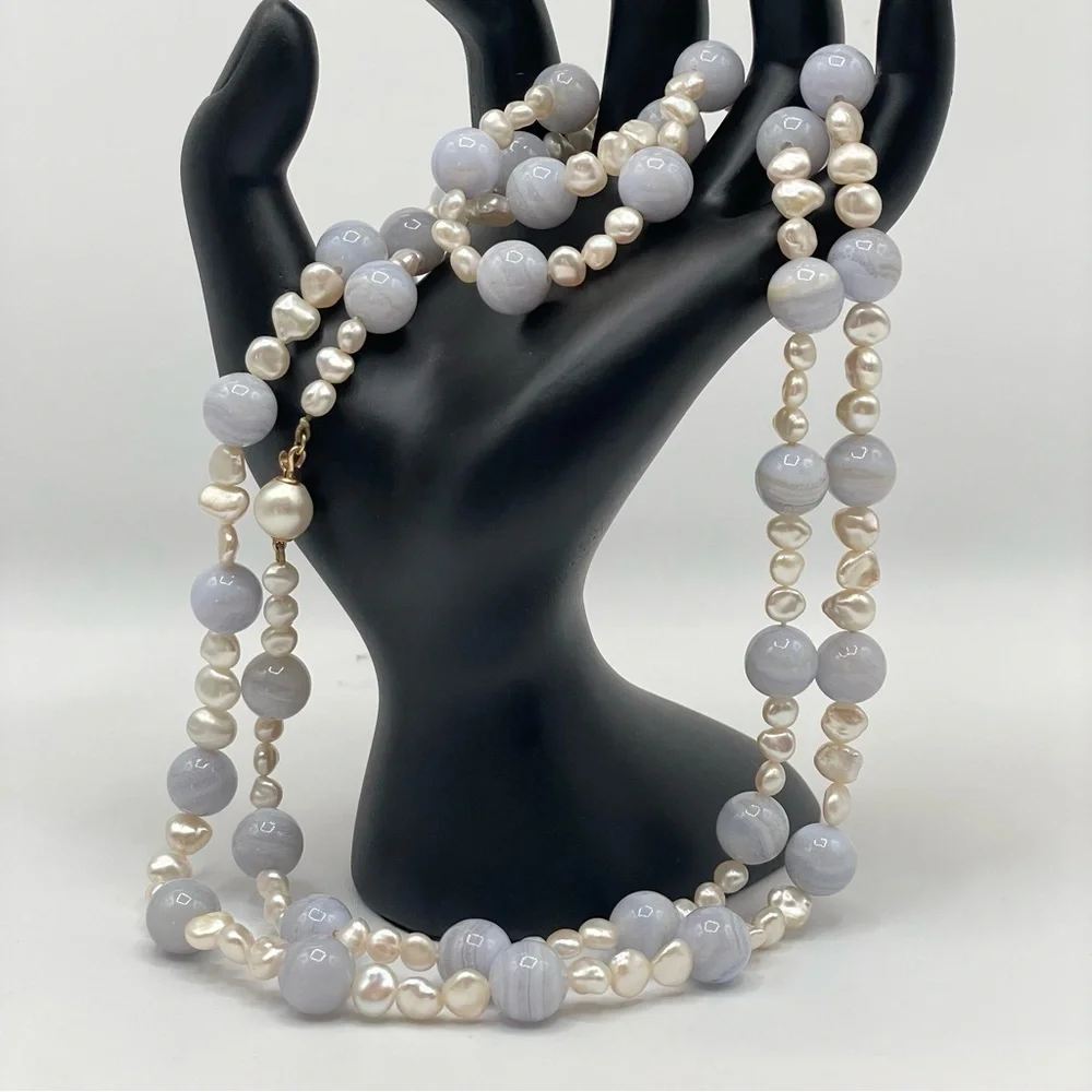 14K Gold Vintage Blue Lace Agate Freshwater Pearl Beaded Statement Necklace Long